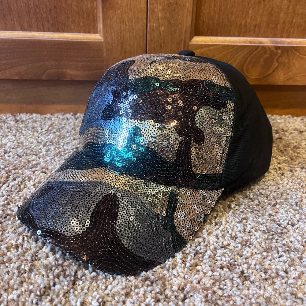 Magid Sequin Camo Baseball Hat in Gold, Black, Green